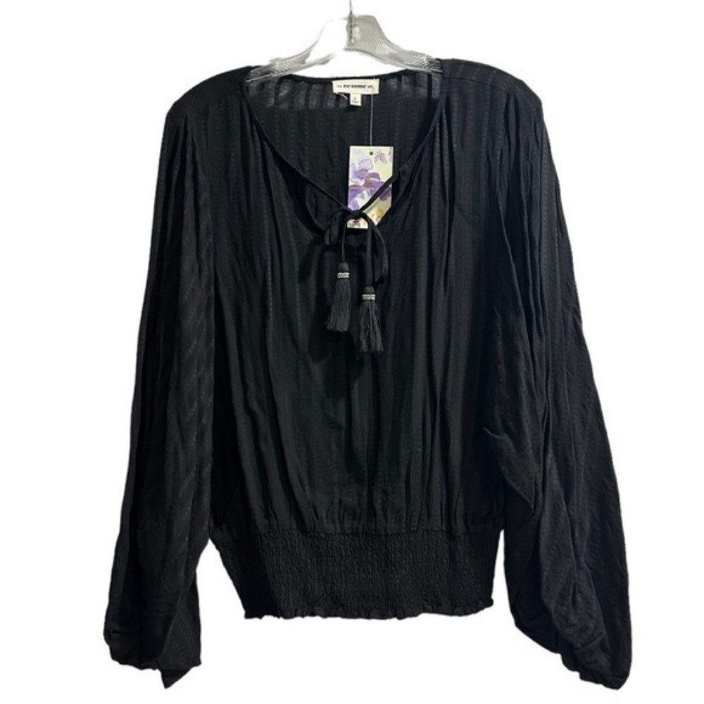 Women’s Black Smocked Boho Bohemian Blouse Long Sleeve Shirt Small